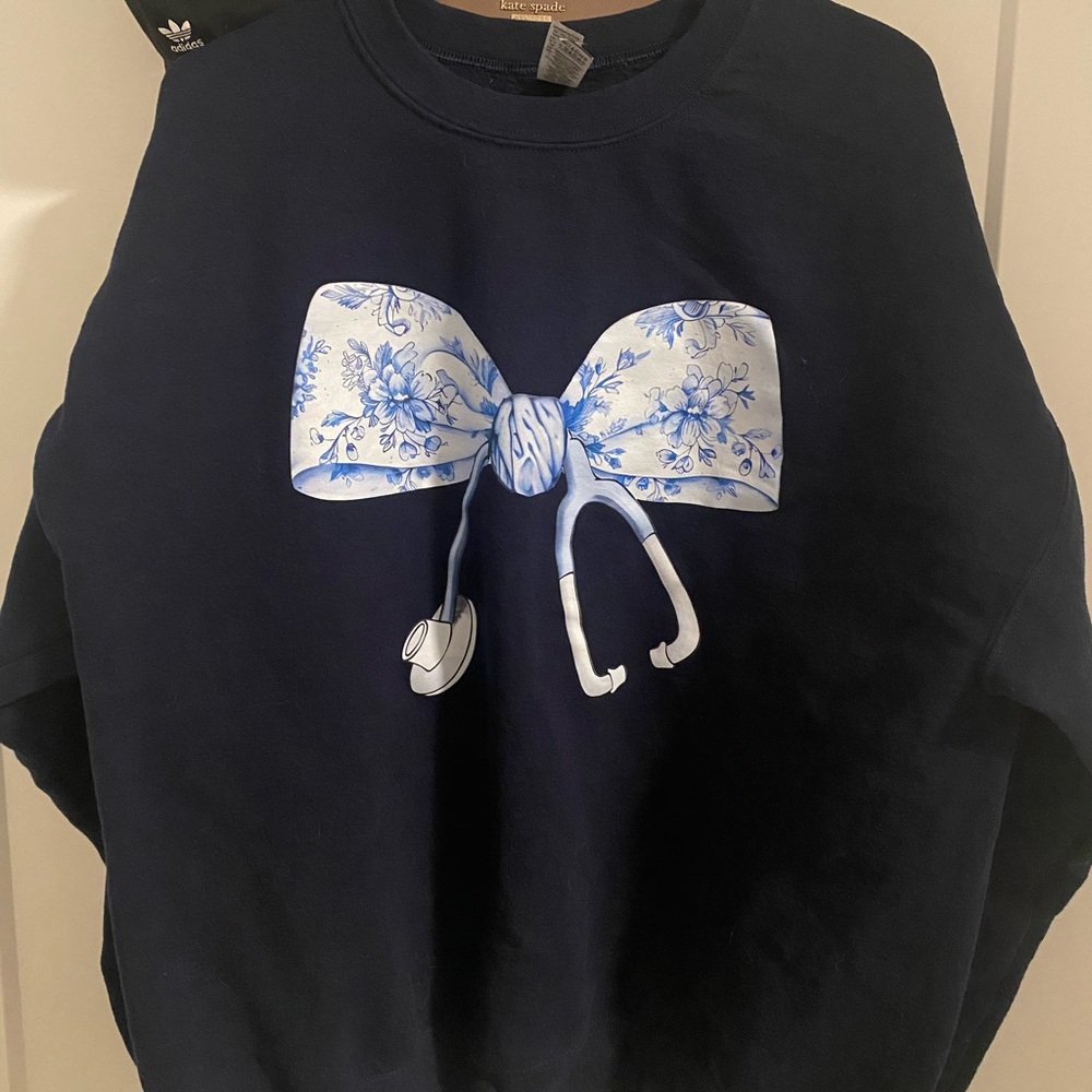 Navy Sweatshirt with Blue Floral Bow Design